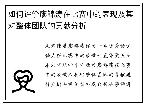 如何评价廖锦涛在比赛中的表现及其对整体团队的贡献分析
