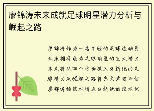 廖锦涛未来成就足球明星潜力分析与崛起之路